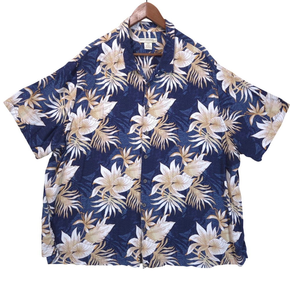 Island Passport Tropical Floral Rayon Camp Shirt Men 3XL Button Up Blue Hawaiian